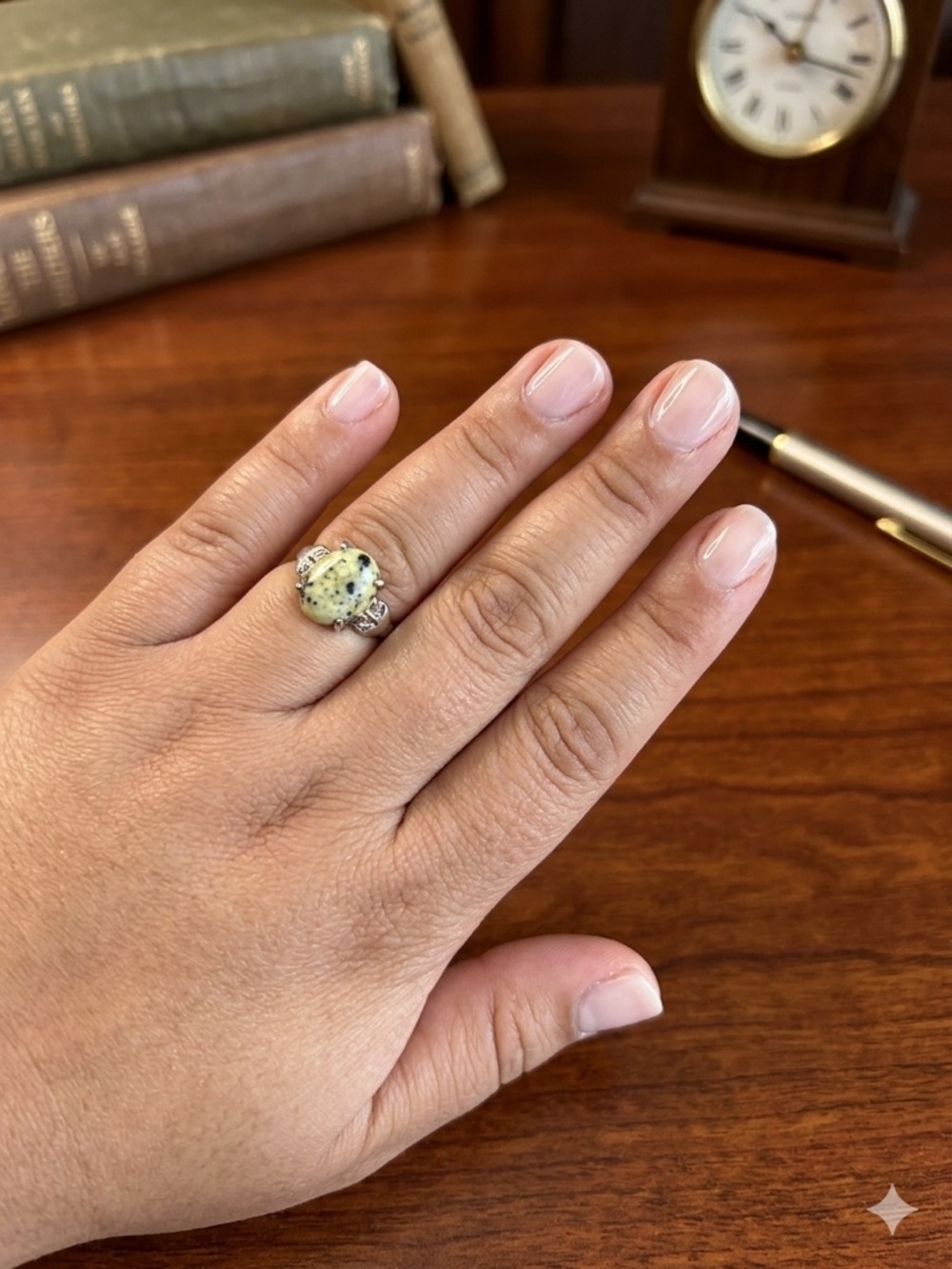 Size 9 Sterling Silver Ring with Yellow- blackish grey Gemstone